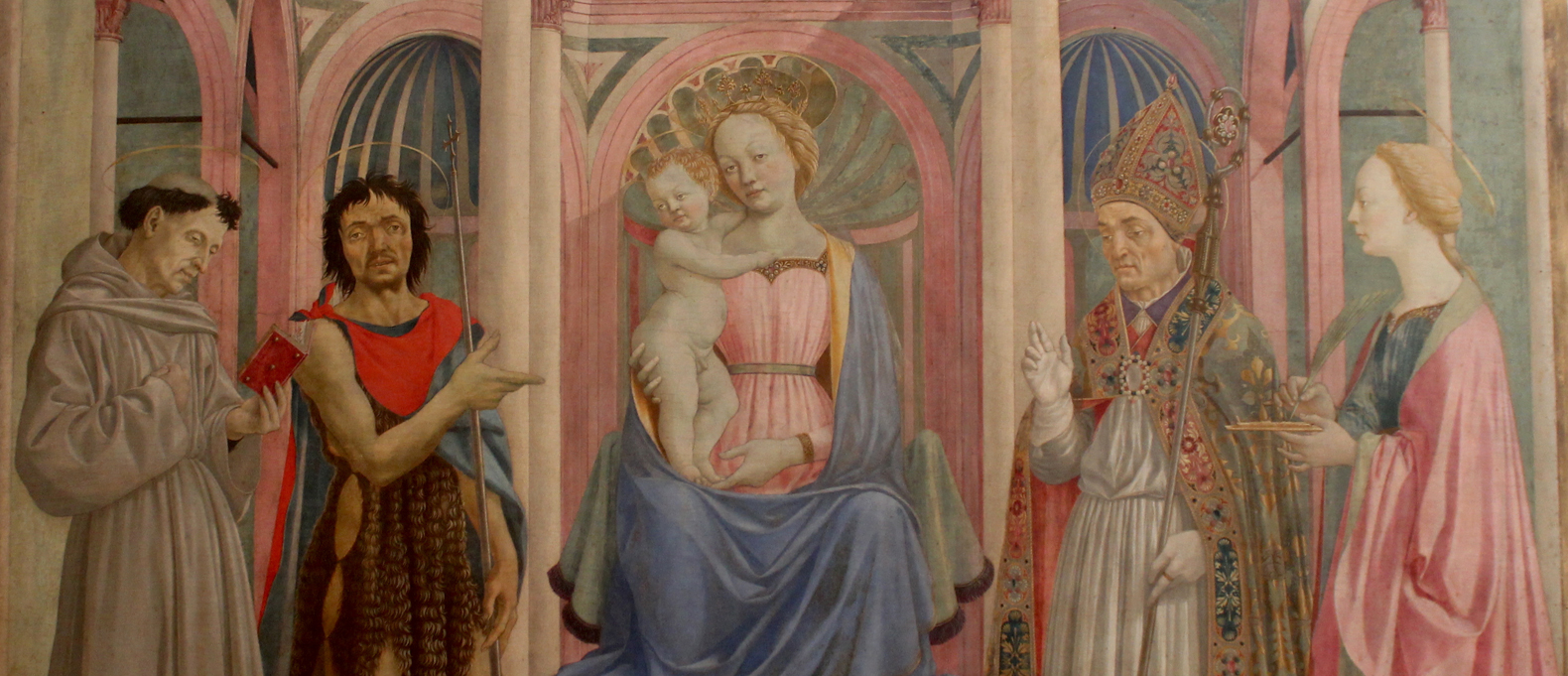 Domenico Veneziano, Thronende Maria mit Kind und den Heiligen Franziskus, Johannes der Täufer, Zenobius und Lucia, 1445-48, Florenz, Galleria degli Uffizi.